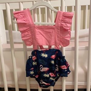 Pink flamingo ruffle onesie
